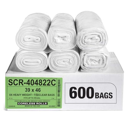 Aluf Plastics 45 Gallon 22 Micron (eq) Premium Clear Trash Bags - 39" x 46" For Office, Kitchen, Bathroom, Commercial, Janitorial, Industrial, & Hospitality (Pack of 600) - color: Clear, style: 45 Gal, 22 Micron Equiv, 600 Count