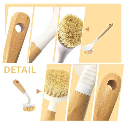 Dish Brush with Handle, Long and Short Handle Kitchen Scrub Brushes with Tough Bristles, Natural Dish Scrubber Brush for Dishes, Pans, Pots and Kitchen Sink Cleaning, 2 Pack White