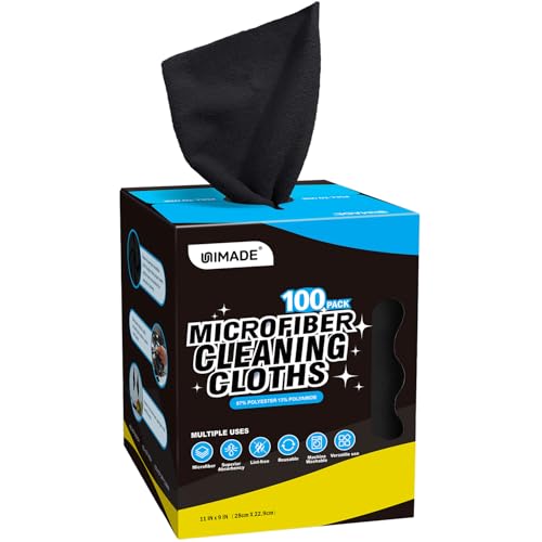 UNIMADE Microfiber Cleaning Cloth, 100 Sheets Microfiber Towels for Cars Commercial Grade Washcloths Lint-Free Bulk Shop Towel Cleaning Rags for Mechanic Restaurant Garage Housekeeping, 11"x 9", Black - color: Black
