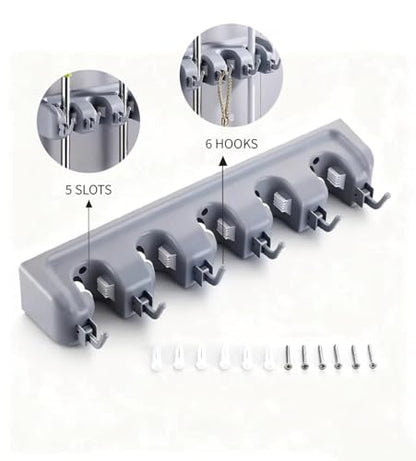 PP Plastic Multi-Function Broom & Mop Wall Mount Holder (16.93.352.36in, Gray) - Screw-Mounted Space Saver for Kitchen/Garage/Garden Tool Organization