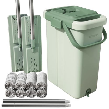 JOYMOOP Flat Mop System, Microfiber Mop and Bucket Set, Green, Household & Commercial Floor Cleaning Mop, Includes 2 Mops and 8 Large Microfiber Pads - color: Green Max582