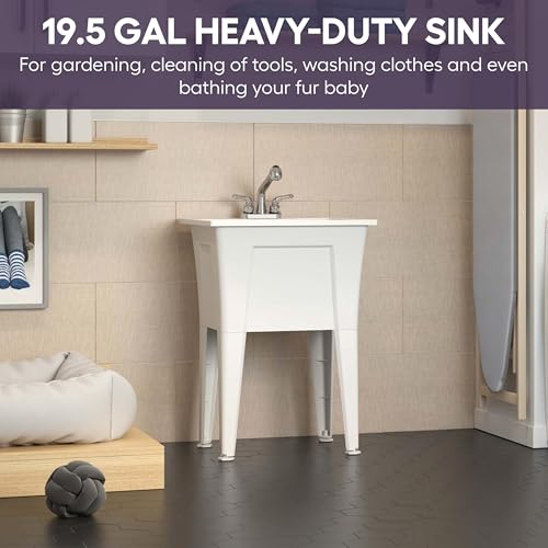 Freestanding Utility Sink with Two Handle Chrome Faucet - 24" Plastic Utility Sink for Garage, Laundry, Indoor and Oudoor Use - Laundry Tub Kit by Noah William Home - White (19.5 gal) - color: White - Two handle chrome faucet