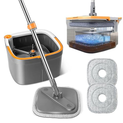 Spin Mop and Bucket Set with Self Separation Dirty and Clean Water System, Square Mop Bucket Self Wringing 360° Rotating Clean Floor Mop-Head for Hardwood Tile Marble Floors - size: Mop Set with 2pads