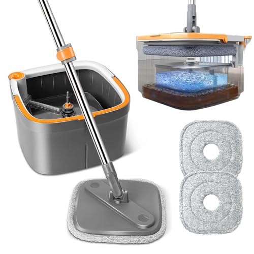 Spin Mop and Bucket Set with Self Separation Dirty and Clean Water System, Square Mop Bucket Self Wringing 360° Rotating Clean Floor Mop-Head for Hardwood Tile Marble Floors - size: Mop Set with 2pads