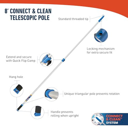 Unger Professional Connect and Clean 18” Grip Swivel Window, Glass Squeegee, and 8’ Pole, 180-Degree Pivoting Handle with Lock, Cleaning Supplies for Streak-Free Results