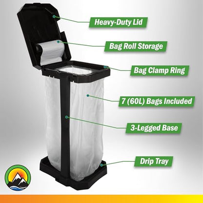 Wakeman Heavy Duty Black Trash Bag Portable Trash Bag Holder Stand with 7 Bags - Collapsible Trash Can Camping, RV, Kitchen, or Tailgate Party Garbage Bag Holder - color: Heavy Duty Black