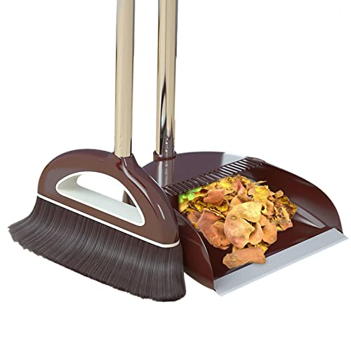 Broom and Dustpan Set,Large Broom and Dustpan,Broom and Dustpan Set,Heavy Duty Dust Pan with Long Handle Upright Dustpan Broom Set,Broom Home Kitchen Lobby Floor Use,Dust Pan and Broom Set - color: Coffee