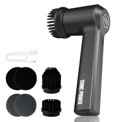 SonicPower Electric Spin Scrubber – Handheld & Ergonomic, IPX7 Waterproof, 4 Multi-Purpose Brush Heads, Long-Lasting Rechargeable Battery – Cleans Dishes, Bathroom, Tile, Grout & Kitchen (Black) - color: Black