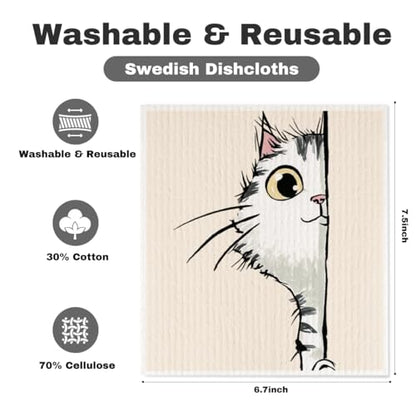 5 Pcs Cartoon Cute Peeking Kitten Swedish Dishcloths, Kitty Swedish Dishcloth, Funny Cat Dish Cloths for Drying Dishes, Reusable Cleaning Cloths, Cat Lover Gifts for Women 7 - color: Lm 03438