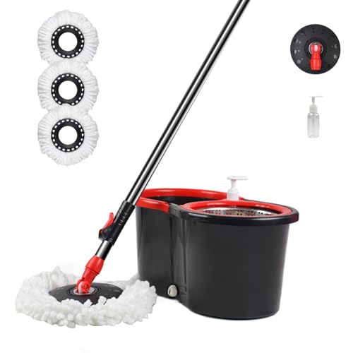 Spin Mop and Bucket with Wringer Set, 360° Spinning Mop Bucket System with 3 Microfiber Mop Replacement Heads, Adjustable Handle for Floor Cleaning (Black) - color: Black