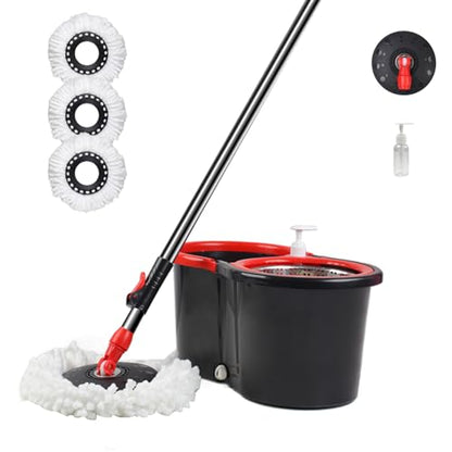 Spin Mop and Bucket with Wringer Set, 360° Spinning Mop Bucket System with 3 Microfiber Mop Replacement Heads, Adjustable Handle for Floor Cleaning (Black) - color: Black