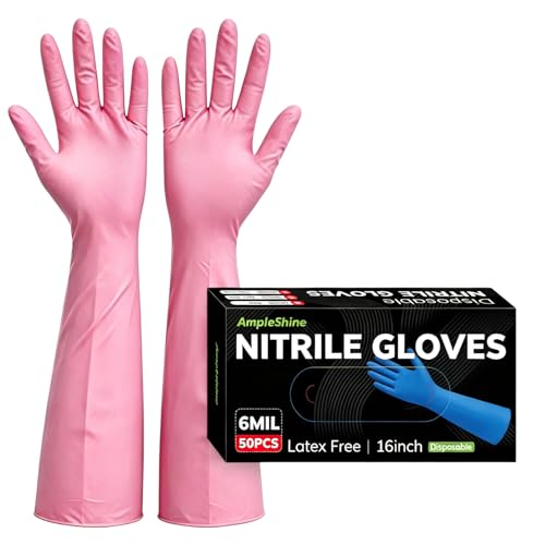 Long Nitrile Disposable Gloves Extended Cuff 16inch Latex-Free Blue Household Kitchen Cleaning Dishwashing 50PCS - color: Pink, size: Medium
