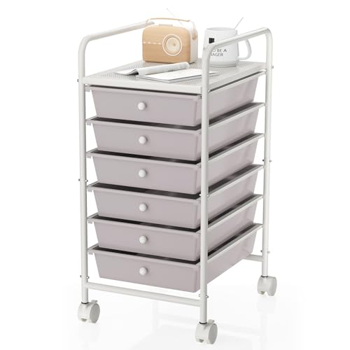 6-Tier Utility Cart with 6 Drawers, Rolling Utility Cart with 2 Lockable Caster Wheels, Multipurpose Mobile Rolling Drawer Cart for Office Bathroom Kitchen, Gray - size: Gray, 6-Tier