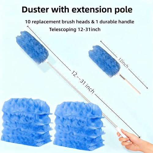 Heavy Duty Duster Refills, Disposable Dusters Kit for Cleaning Dusting Furniture Blind Ceiling Fan, Multi Surface 360 Feather Duster(10)+3FT Extended Handle（1） (Navy Blue) - color: Navy Blue