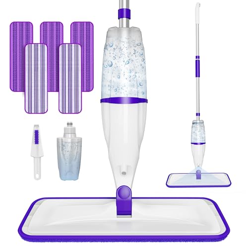 Spray Mops for Hardwood Floor Cleaning: EXEGO Wet Mops with 5 Microfiber Refillable Pads for Swiffer Powermop - Floor Mop with Sprayer Dust Dry Mopping Tools for Tile Wood Laminate Vinyl Marble - color: Purple