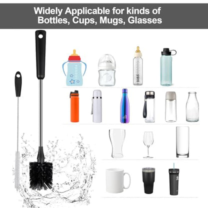 Water Bottle Brush with Straw Cleaner, 15 Inches Stainless Steel Handle Baby Bottle Brush Cleaner, Kitchen Scrub Cleaning Brushes for Cup, Wine Glasses, Coffee Mugs, Tumblers, Wine Decanters, Black - style: Bottle Brush With Straw Brush