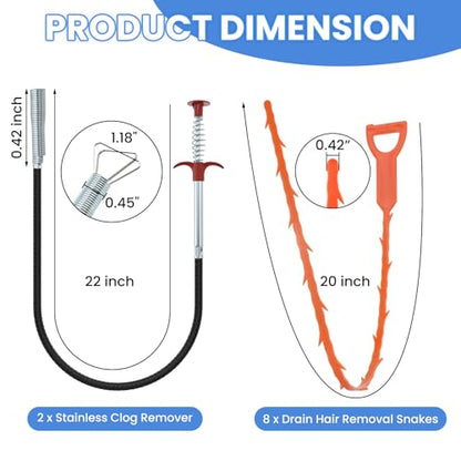 Aifeier ET Drain Clog Removal Tool (2 Pcs), Sink Drain Snakes Hair Removal (8 Pcs), Effectively Removes Hair and Other Clogs from Toilet, Kitchen Sinks, and Bathroom Tub (8+2)