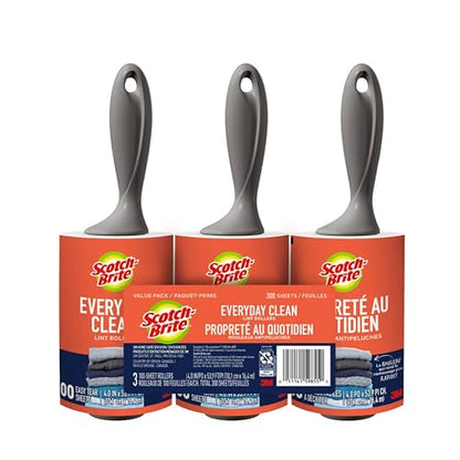 Scotch-Brite Everyday Clean Lint Roller Combo Pack, Plenty of Lint Rollers for Clothes, Pet Hair, Furniture, Cars, and More, 100 Sheets Each, 3 Pack, 300 Sheets Total