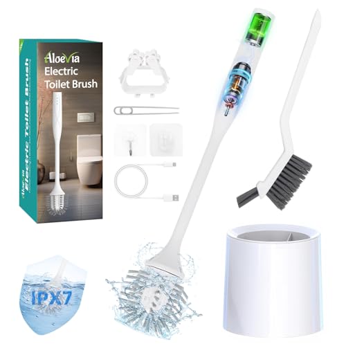 Electric Toilet Brush with Holder, Ultra Quiet & Powerful Scrubbing, IPX7 Waterproof Self-Cleaning Brush for Toilet/Bathtub/Grout, Cordless Spin Scrubber with 320RPM Turbo Power - White