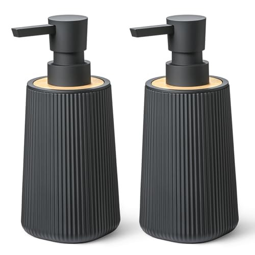 Black Hand Soap Dispenser Set with Bamboo Decor and No Rust Pump for Bathroom and Kitchen Countertops Refillable Striped Matte Plastic 8.5 oz - color: Black Bamboo Set of 2