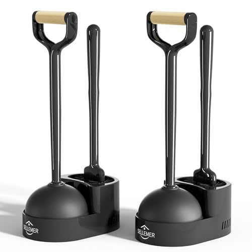 Sellemer Toilet Brush and Plunger Set, Curved Design Head for Deep Cleaning, Heavy Duty Toilet Bowl Brush and Plunger Combo with Holder for Bathroom Cleaning, Black, 2 Pack - color: Black