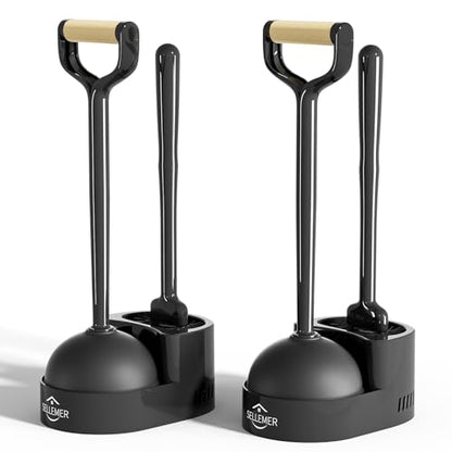 Sellemer Toilet Brush and Plunger Set, Curved Design Head for Deep Cleaning, Heavy Duty Toilet Bowl Brush and Plunger Combo with Holder for Bathroom Cleaning, Black, 2 Pack - color: Black