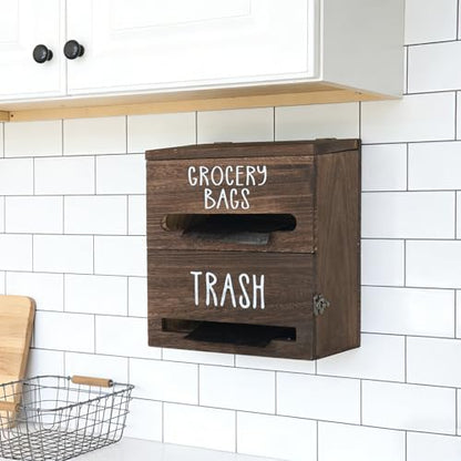 2 in 1 Trash Bag Dispenser, Double Wall Mounted,Wood Trash Bag Holder, used in kitchen, garage, laundry room, can store Environmentally friendly food bags and garbage bags(Dark Wood - color: Dark Wood/Large(10inch*5.5inch*12.2inch)
