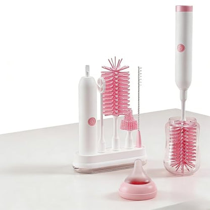 Rechargeable Electric Bottle Brush with Stand - 360° Spin Silicone Cleaner for Baby Bottles, Breast Pumps & Small Household Containers (Pink) - color: Pink