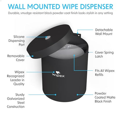 Wipex Black Wet Wipe Wall Dispenser: Durable Steel & Premium Silicone Port, Easy to Mount Wall Dispenser for Gym Wipes - Fits Sanitizing Refill Rolls, Perfect for Schools, Fitness, & Public Facilities