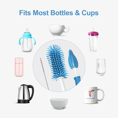 Bottle Brush Set 3-in-1, Including Long Handle Silicone Bottle Brush, Detail Cleaner, Straw Brush, Non Scratch Cleaning Brushes for Water Bottles, Tumblers and Glass (Blue) - color: Blue