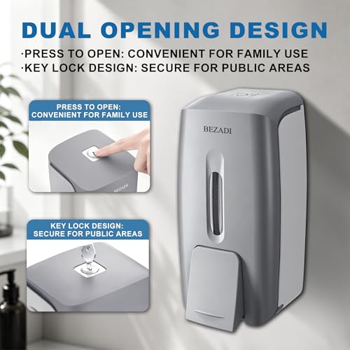 800ml Manual Soap Dispenser Wall Mount with Lock for Bathroom Kitchen 27fl oz Liquid Sanitizer ABS Silver No Drill, 9088 - color: Silver