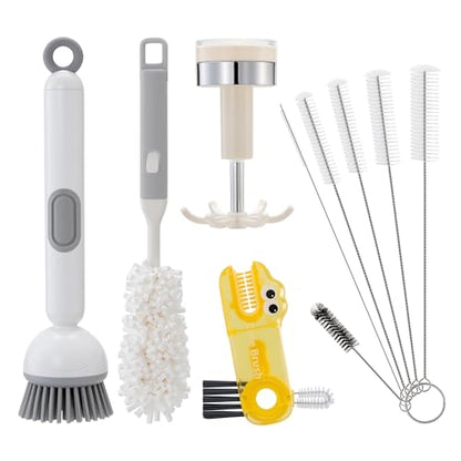 Peitushengjin Bottle Brush Cleaning Set, 12.2-inch Long-Handled Bottle Brush, Nylon Straw Brush, Cup Lid Cleaning Brush (Includes 1 Suction Cup Hook for Storing the Brushes) - color: 1 Black Brush, 1 Yellow Brush, 7 White Brushes 1 White Suction Cup Hook