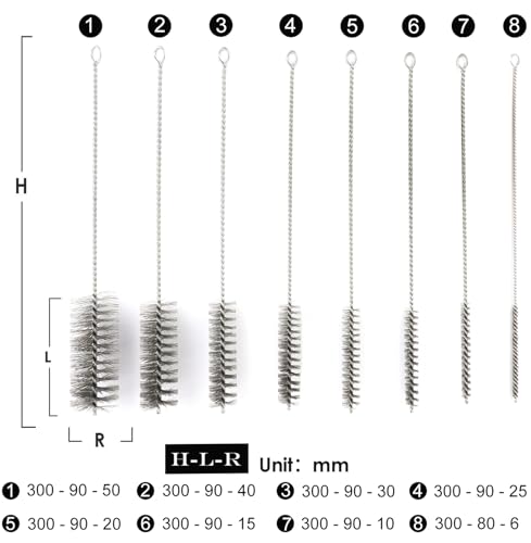 12 Inch Pipe Cleaning Brush Set with Stainless Steel Bristles, Tube Bottle Brush Kit, 8 Sizes for Auto Parts, Bottles, Guns, Tubes, Etc.