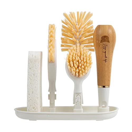 4-in-1 Kitchen Dish Brush Set,Bamboo Handle Crevice Brush with Storage Holder,Interchangeable Brush Heads,and Cleaning Tools for Bottles,Dishes,and Corners
