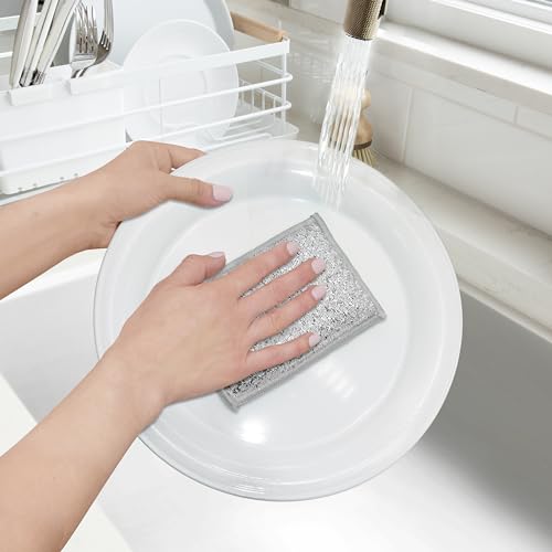 OGGI Bambou Odor-Free Scrubbing Sponges - Natural Scrub Sponges for Dishes, 91% Bamboo-Derived Rayon Cellulose Fiber, Reusable, Absorbent, Durable Scrubbers, Non-Scratch, Washable - 3 pcs, 7x4 - color: White/Gray