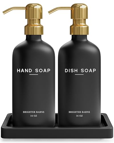 Luxury Glass Hand and Dish Soap Dispenser Set by Brighter Barns - Black and Gold Soap Dispenser Set for Kitchen Sink - Modern Kitchen Decor and Accessories for Restaurant, Airbnb, Gift (Black/Gold) - color: Black Gold Hd