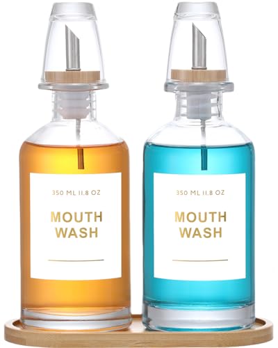 11.8OZ Glass Mouthwash Dispenser for Bathroom with Stainless Steel & Bamboo Nozzle, Mouthwash Cup Reusable, Bamboo Tray, and Elegant Gold Sticker.Set of 2（Clear - color: Clear/350*2