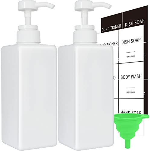 White Soap Dispenser with Waterproof Labels, Thickened Plastic Hand Soap Dispenser for Bathroom, Kitchen Dish Washing Liquid Bottles, Shampoo and Conditioner Bottles with Funnel (16oz 2Pack White) - color: 2 White