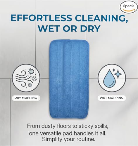 Microfiber Replacement Mop Pad, 18" x 6" Wet & Dry Home & Commercial Cleaning Refills, Reusable Floor Mop Pads (6 Pack) Blue - color: Blue