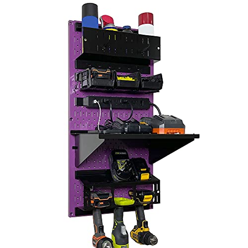Wall Control Power Tool Storage Organizer Kit Cordless Drill Holder Charging Station Rack 16” x 32” Metal Pegboard Organization System (Purple Pegboard) - color: Purple Pegboard