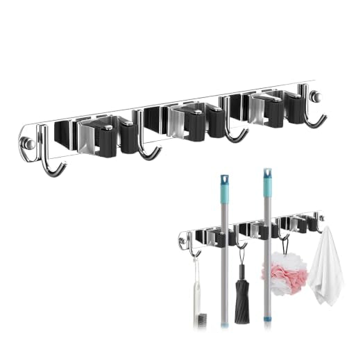 Upgrade Broom Holder Wall Mount, 304 Stainless Steel Mop & Broom Storage Organizer with Hooks, Self-Adhesive or Screw Install for Bathroom Garage Kitchen (Black, 3 Racks and 4 Hooks) - color: Black, size: 3 Racks and 4 Hooks