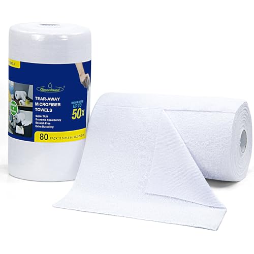 Greenfound Microfiber Cleaning Cloth Roll -80 Pack, 11.5x11.5, Tear Away Towels, Reusable and Washable Rags, White - color: White