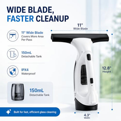 Window Vacuum Squeegee Cordless, Electric Window Cleaner with 2000Pa Suction, Window Vacuum Cleaner Tool with 2200mAh Battery for Shower Glass Doors, Mirrors, Tiles and Car Windows (White)