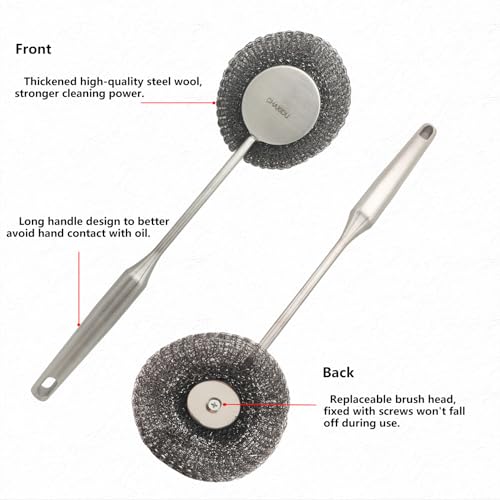 Stainless Steel Wool Scrubber Set, Long Handle & Handle Brushes, Metal Brush for Pots, Pans, Grills & Cutlery Cleaning (3 Pack)