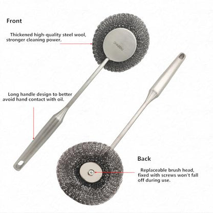 Stainless Steel Wool Scrubber Set, Long Handle & Handle Brushes, Metal Brush for Pots, Pans, Grills & Cutlery Cleaning (3 Pack)