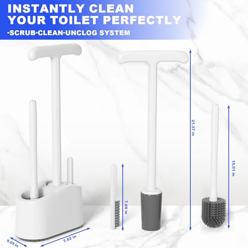 3 in 1 Toilet Brush and Plunger Set，Extended Handle Plunger,Heavy Duty Toilet Bowl Brush and Holder Hidden Toilet Plunger and Brush Set,Bathroom Cleaning Supplies (Pure White)