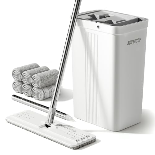 JOYMOOP Mop and Bucket Set, Commercial & Household Use, Flat Mops for Floor Cleaning, Wall Mop Cleaner with Long Handle, Hardwood Floor Mop with 6 Microfiber Pads - color: White Standard2461