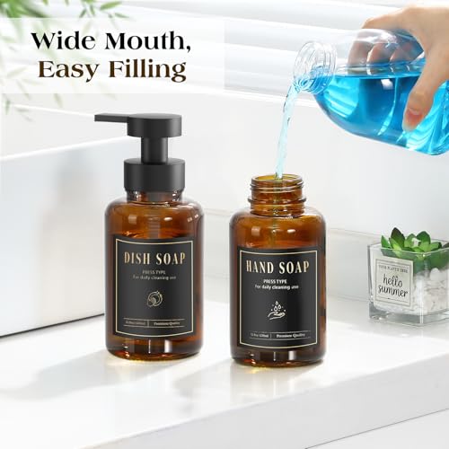 Luxspire Foaming Soap Dispenser, Glass Foam Pump Soap Dispenser, Non-Slip Hand Soap Bottle with 5 Waterproof Labels, 15 Oz Refillable Liquid Soap Bottle for Bathroom & Kitchen, Amber, 2 Pack - color: Amber
