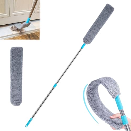 Flat Duster for Under Appliances, Retractable Gap Dust Cleaning Artifact,Bendable Microfiber Duster,Flat Duster with Extension Pole,Under Fridge Cleaning Tool (1 Set+1 Replacement Head) - color: 1 Set+1 Replacement Head
