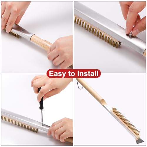 ZEAYEA 21 Inch Pizza Oven Brush with Scraper, Brass Bristles, Copper Wire Pizza Stone Cleaning Brush for BBQ Grill Cleaning, Outdoor Oven Accessories